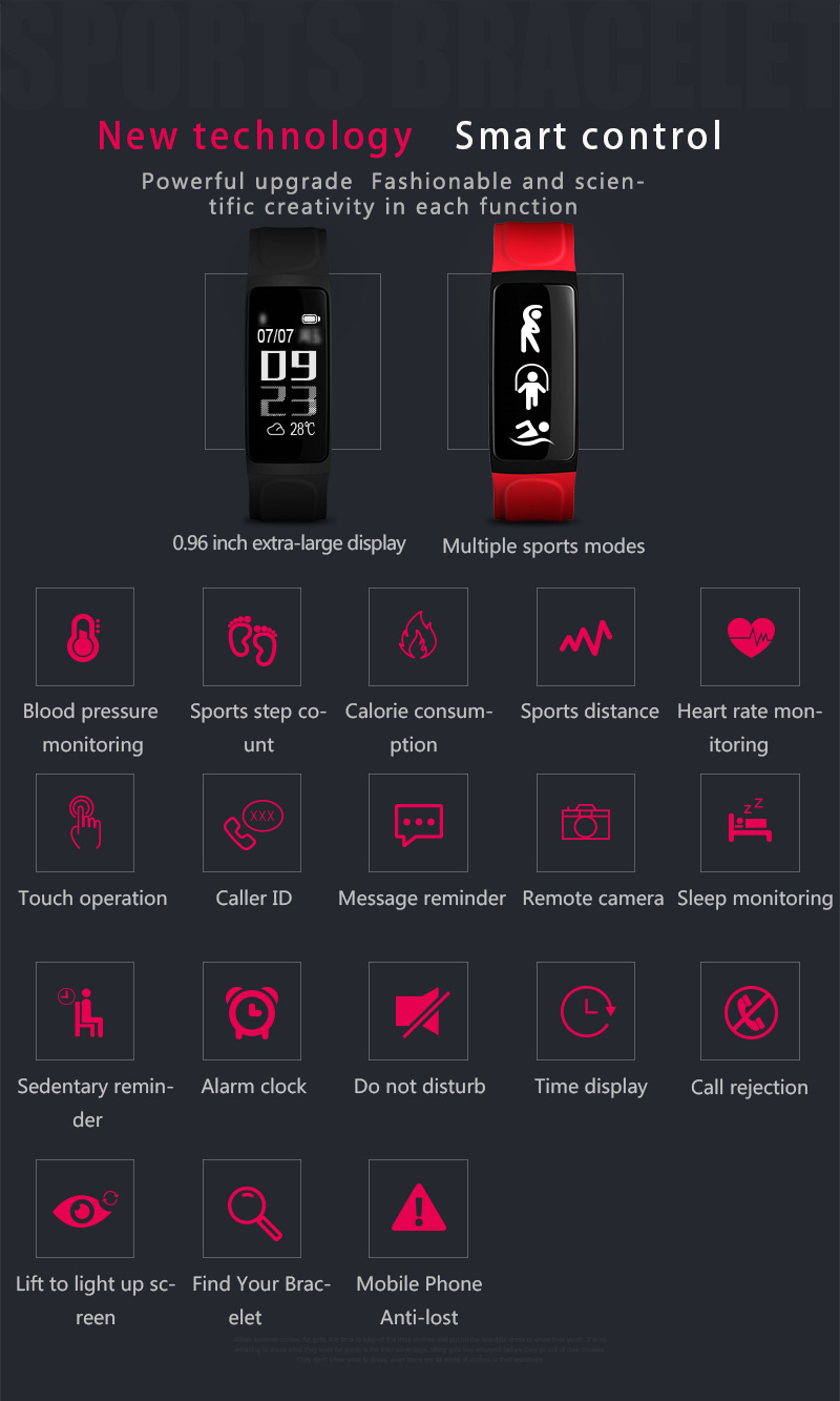 C7S Smart Band 0.96 Inch OLED Screen Heart Rate Blood Pressure Monitor IP67 Water Resistance Compatible with iOS Android Smartphones - Red