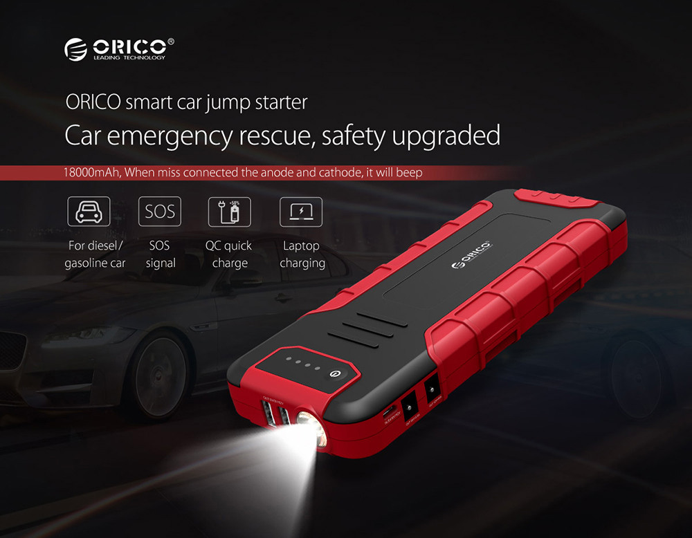 ORICO CS3 18000mAh Car Jump Starter Emergency Lighting For Diesel Gas Car Motorbike Phone Power Bank USB Charging With LED Indicator Lights - Black + Red