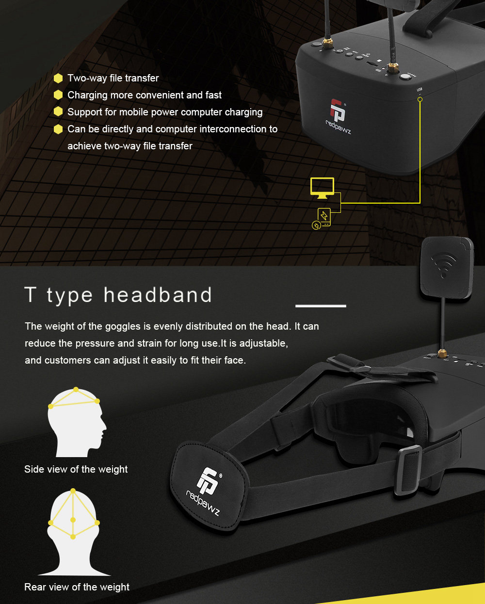 Redpawz EV800 Pro 5.8G 40CH Diversity FPV Goggles 5 Inch 854 X 480 Video Headset with DVR - Black