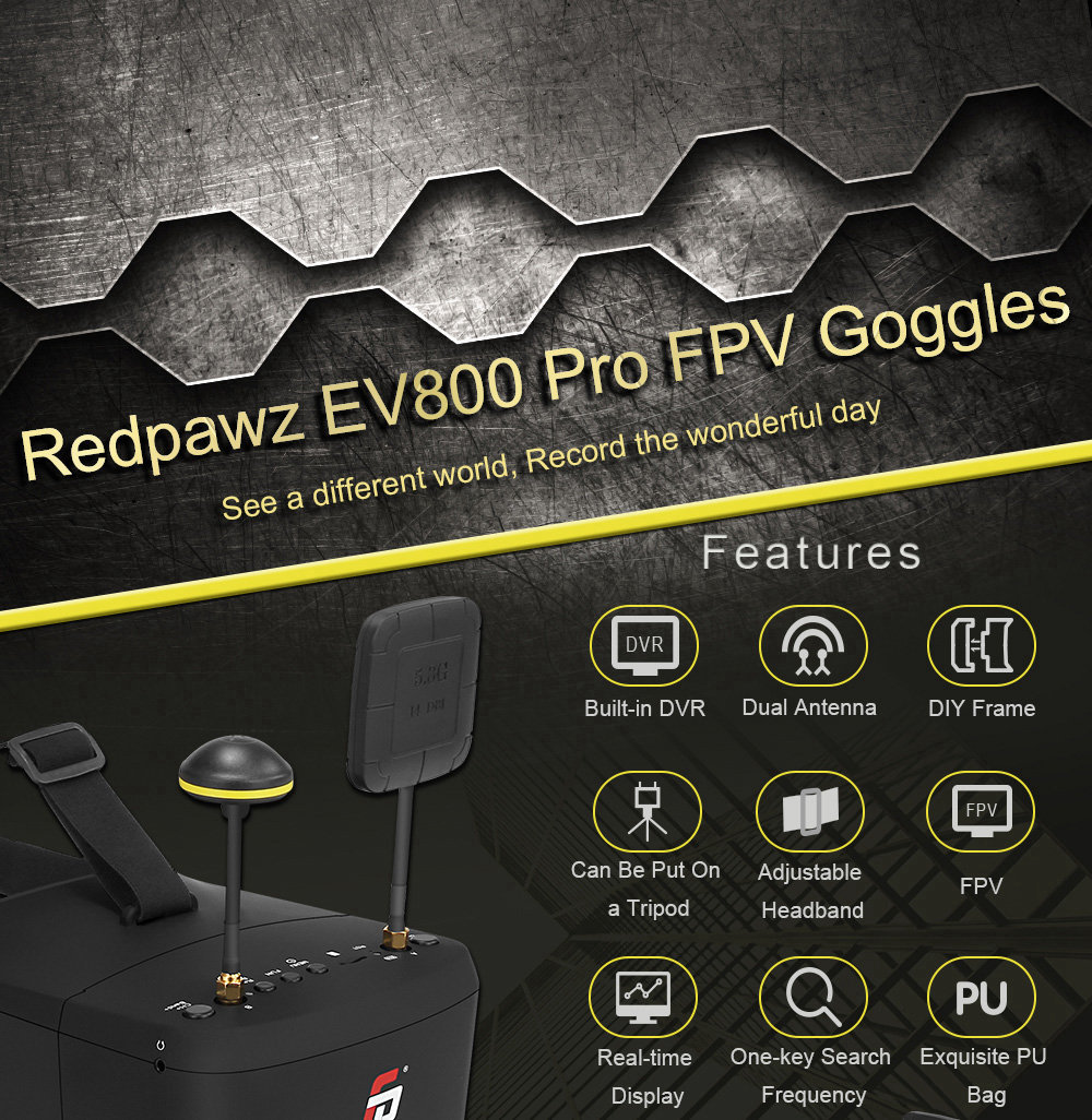 Redpawz EV800 Pro 5.8G 40CH Diversity FPV Goggles 5 Inch 854 X 480 Video Headset with DVR - Black