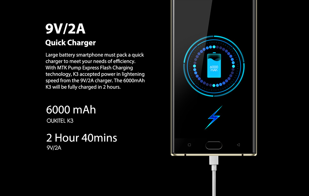 OUKITEL K3 5.5 Inch 4G LTE Smartphone 6000mAh Battery 4GB RAM 64GB ROM 16MP MT6750T Octa Core Android 7.0 Four Cameras Touch ID - Black