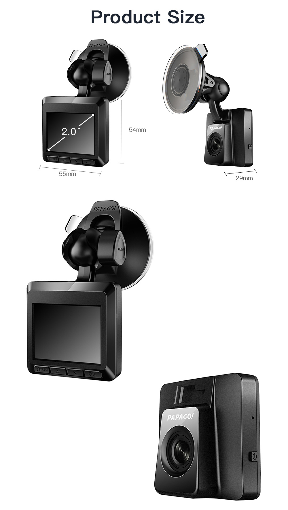 PAPAGO Gosafe 388mini 1080P Car DVR 2.0" LCD Screen 142 Degree Wide Angle Dashboard Camera with G-Sensor WDR Parking Monitor - Black