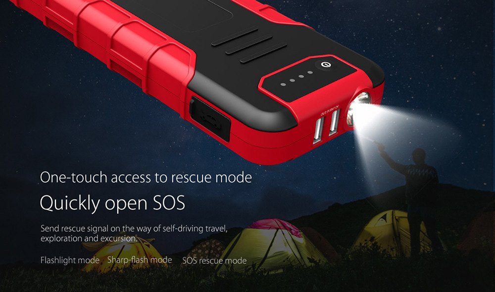 ORICO CS3 18000mAh Car Jump Starter Emergency Lighting For Diesel Gas Car Motorbike Phone Power Bank USB Charging With LED Indicator Lights - Black + Red