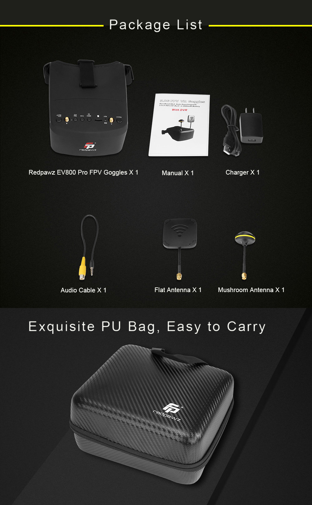 Redpawz EV800 Pro 5.8G 40CH Diversity FPV Goggles 5 Inch 854 X 480 Video Headset with DVR - Black