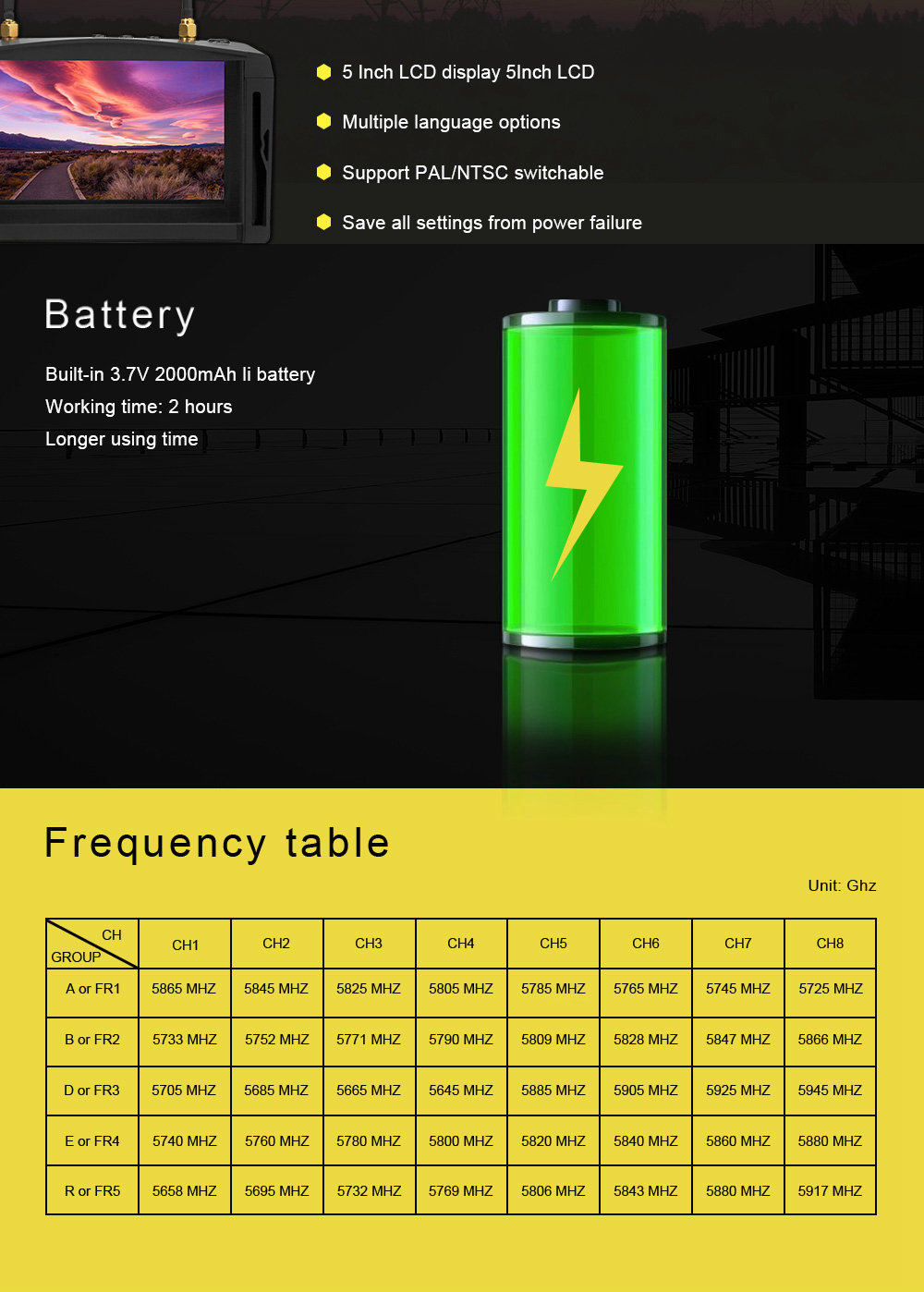 Redpawz EV800 Pro 5.8G 40CH Diversity FPV Goggles 5 Inch 854 X 480 Video Headset with DVR - Black