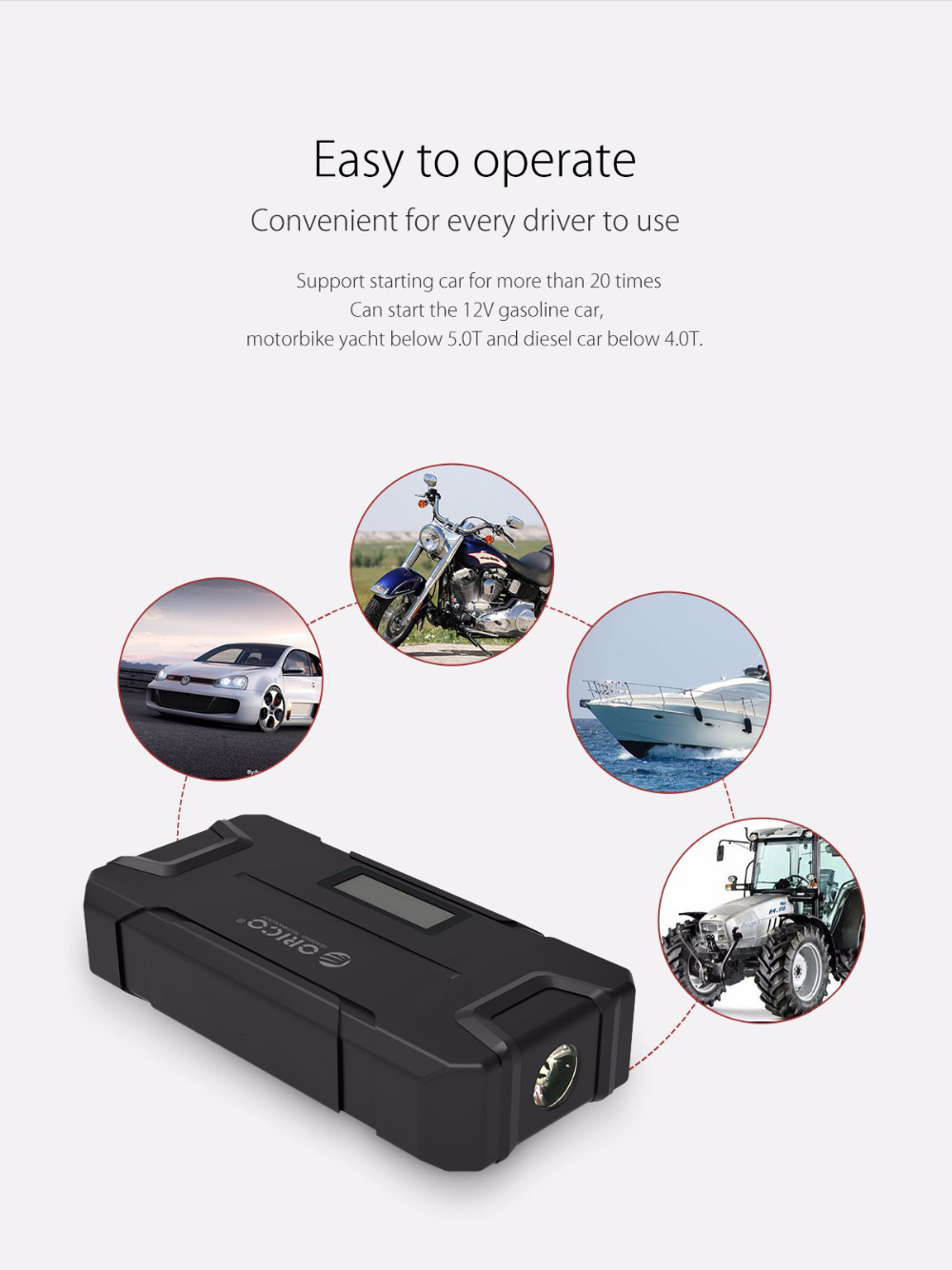 ORICO CS2 12000mAh Car Jump Starter Emergency Lighting For Diesel Gas Car Motorbike Phone Power Bank USB Charging With LED Indicator Lights - Black