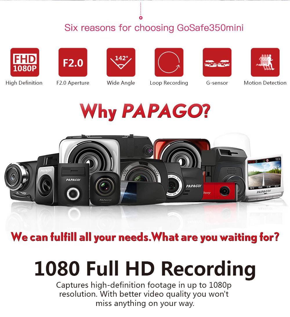 PAPAGO Gosafe 350mini 1080P Car DVR 2.0 inch Dash Cam Novatek 96650 Video Recorder 142 Degree Angle Lens - Black