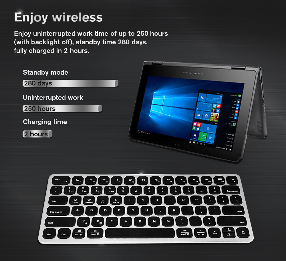 VORKE K2 Aluminum Wireless Bluetooth Ultra-thin Backlit Keyboard for iOS Android Windows MacOS - Black+Silver