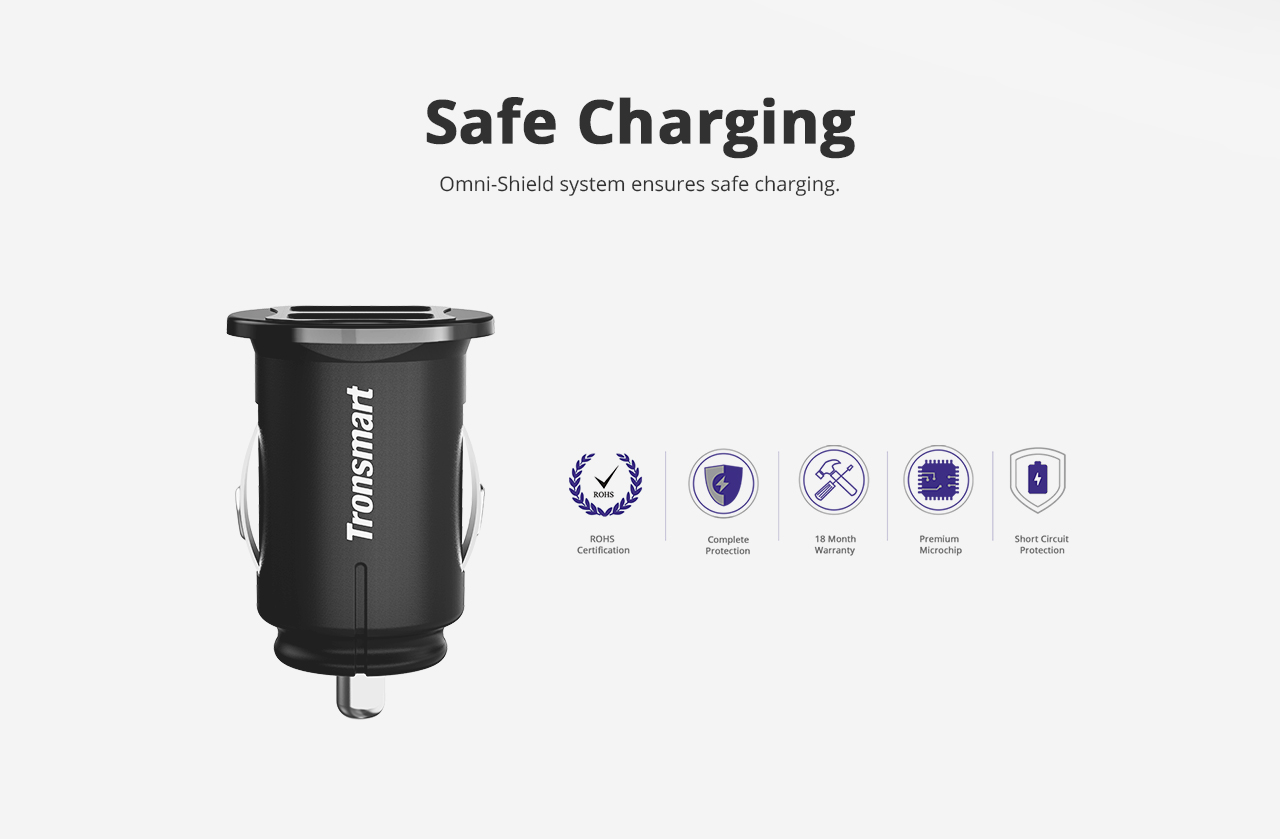 Tronsmart C24 Dual USB Ports Car Charger Smart Mini Car Charger with VoltiQ for iPhone iPad Samsung & More - Black