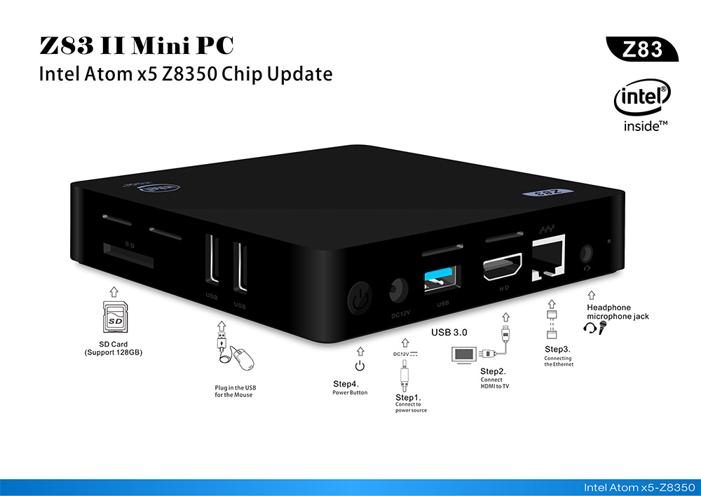 Z83II Windows 10 64Bit Intel Atom X5 Z8350 4K MINI PC 2GB/32GB 2.4G/5.8G WIFI Gigabit LAN Bluetooth HDMI USB3.0