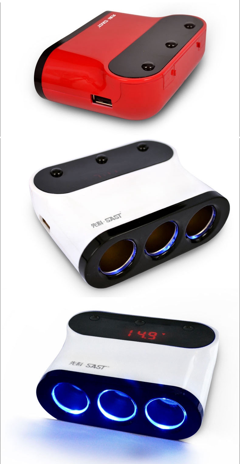 SAST T12 5-in-1 Car Charger 3 Cigarette Lighter Slots Dual USB Ports Multi-function Car Phone Charger with LED Voltage Monitoring - White