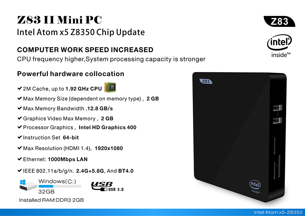 Z83II Windows 10 64Bit Intel Atom X5 Z8350 4K MINI PC 2GB/32GB 2.4G/5.8G WIFI Gigabit LAN Bluetooth HDMI USB3.0
