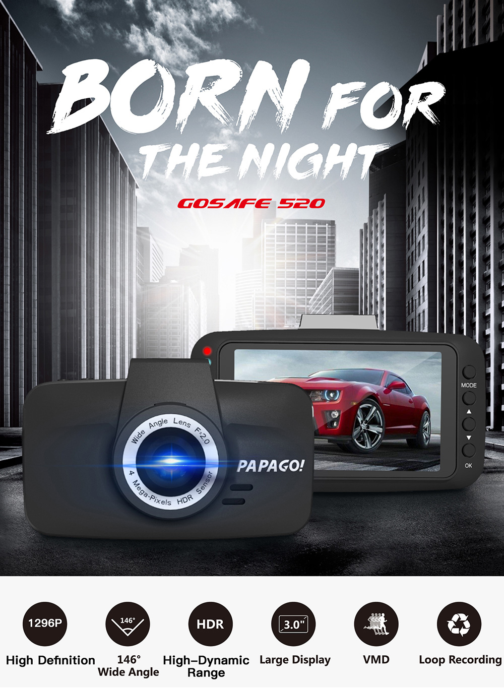 PAPAGO GoSafe 520 3.0'' LCD Screen Car DVR 1296P Dash Cam with 146 Degree Wide Angle Super Night Vision Parking Monitor - Black