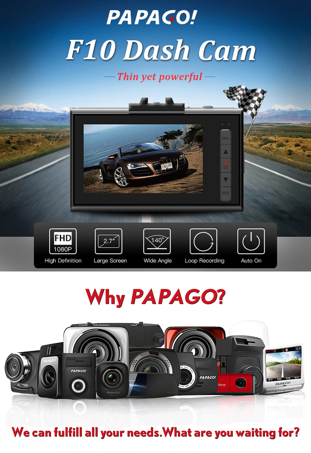 PAPAGO F10 2.7'' LCD Screen Car DVR 1080P Dash Cam with 140 Degree Wide Angle G-Sensor Loop Recording - Black