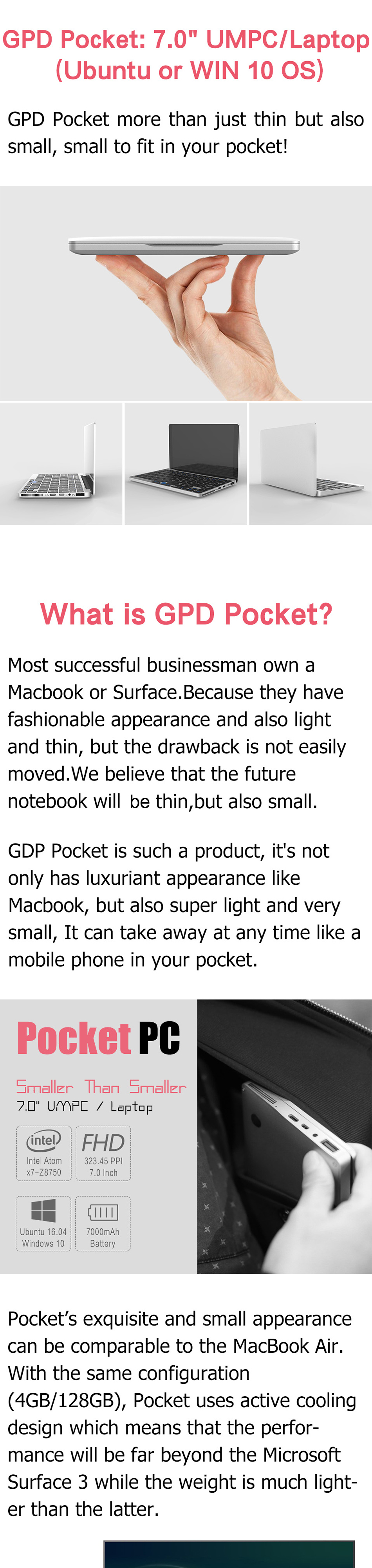 GPD Pocket 7" Tablet PC Licensed Windows10 Intel Atom Z8750 8GB RAM 128GB ROM AC WIFI Bluetooth4.1 Type C 7000mAh Battery 1920*1200 IPS Touch Display