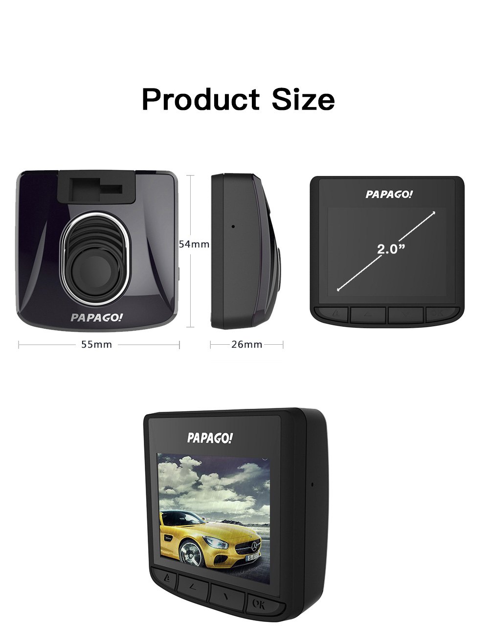 PAPAGO Gosafe 350mini 1080P Car DVR 2.0 inch Dash Cam Novatek 96650 Video Recorder 142 Degree Angle Lens - Black