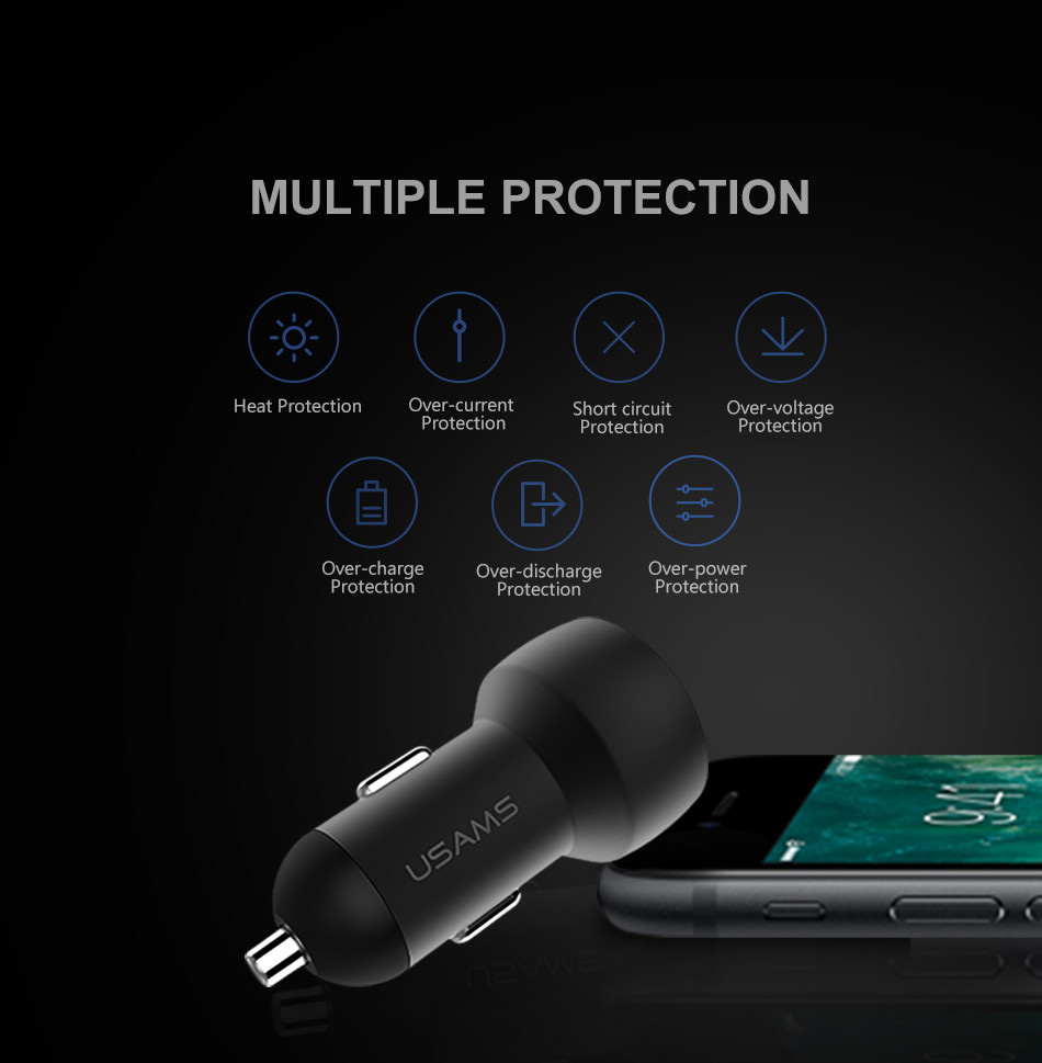 USAMS US-CC019 Dual USB Ports Smart Car Charger 5V 3.4A Fast Charge Wide Compatibility Multi-Protections with LCD Digital Display - Black