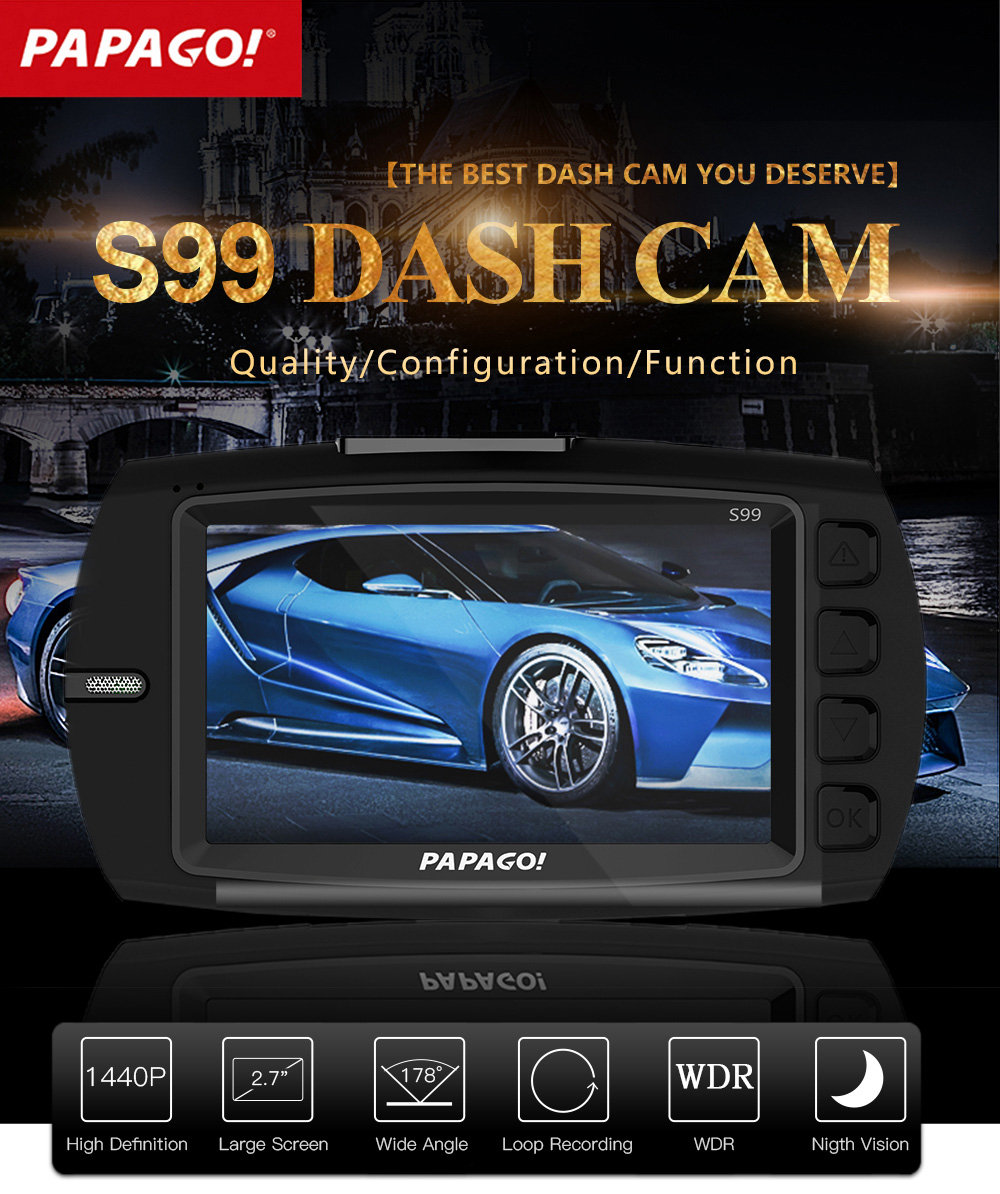 PAPAGO S99 1440P 2.7 inch Car DVR Dash Cam PPG8031 Video Recorder 178 Degree Angle Lens with WD - Black