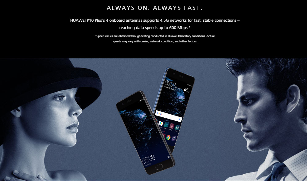 Huawei P10 Plus 5.5 Inch Smartphone WQHD Screen 6GB 64GB Kirin 960 Octa Core 20.0MP Cam Android 7.0 NFC Dual Rear Camera IR Remote Control Super Charge - Black