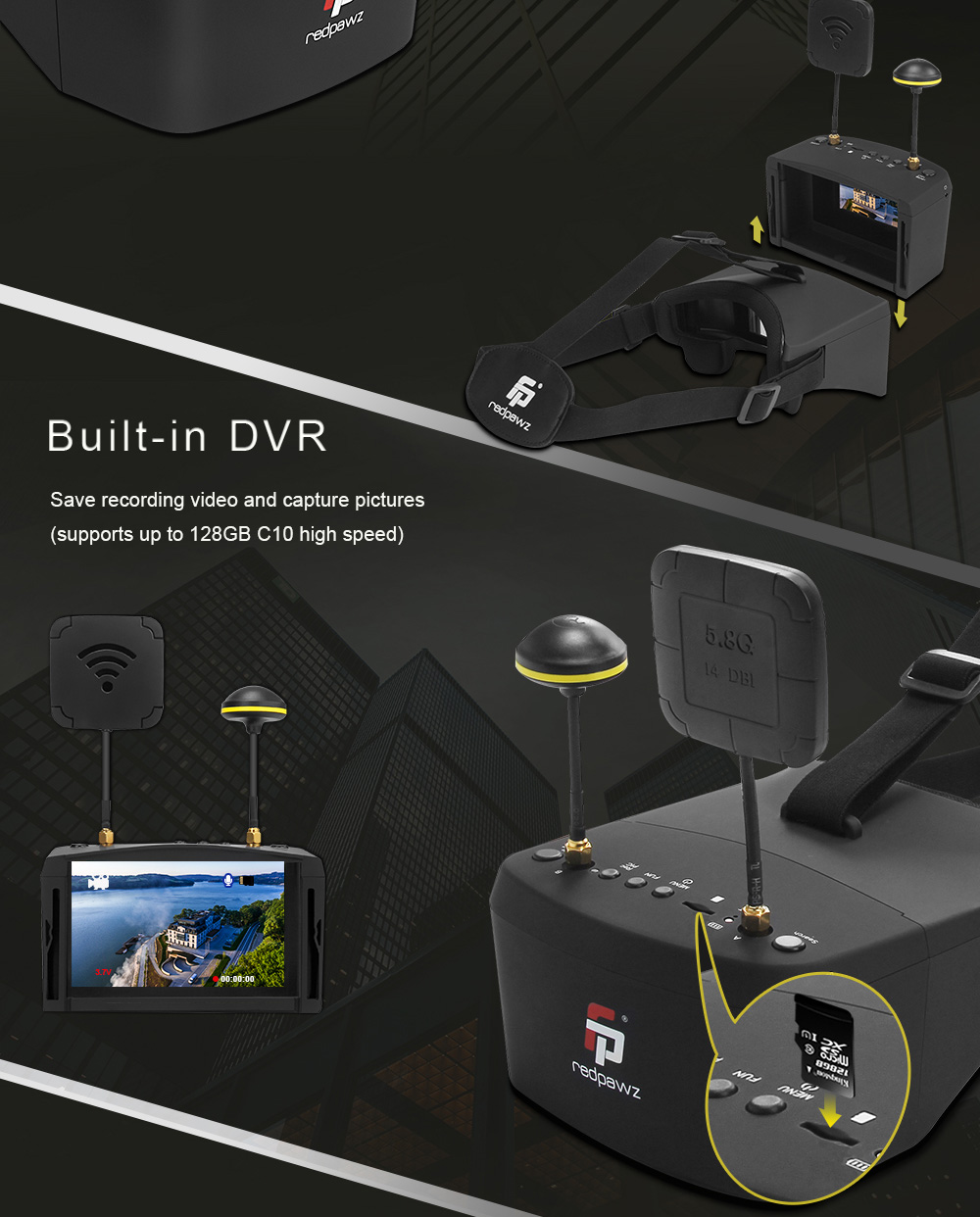 Redpawz EV800 Pro 5.8G 40CH Diversity FPV Goggles 5 Inch 854 X 480 Video Headset with DVR - Black