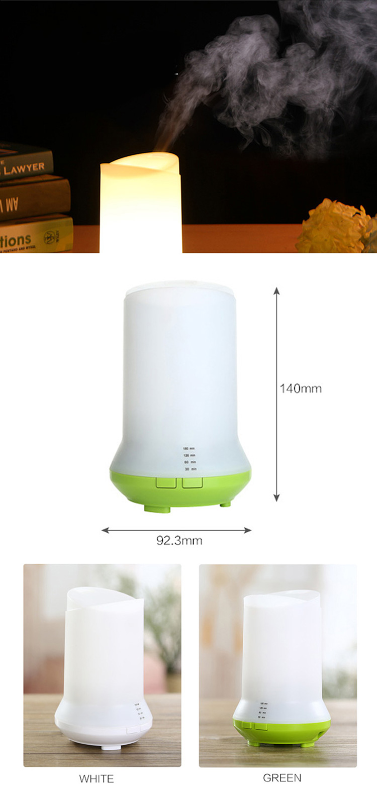 Mini Ultrasonic Air Humidifier 3 in 1 Humidifier Aromatherapy Machine LED Light USB Chargeable 80ML -Green