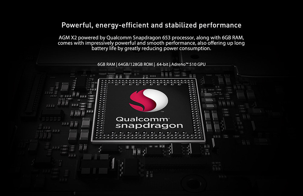 AGM X2 5.5 Inch IP68 Waterproof 4G LTE Smartphone 6GB 64GB Qualcomm Snapdragon 653 Octa Core Android 7.1 Four Cameras Touch ID - Black