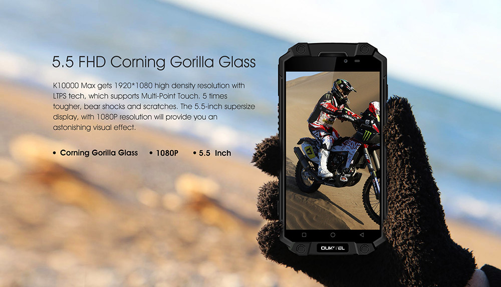 [HK Stock]OUKITEL K10000 MAX 5.5 Inch IP68 Waterproof Smartphone 10000mAh Corning Gorilla Glass FHD Screen 16.0MP Cam 3GB 32GB MT6753 Octa Core Android 7.0 Touch ID Type-C Fast Charge - Black