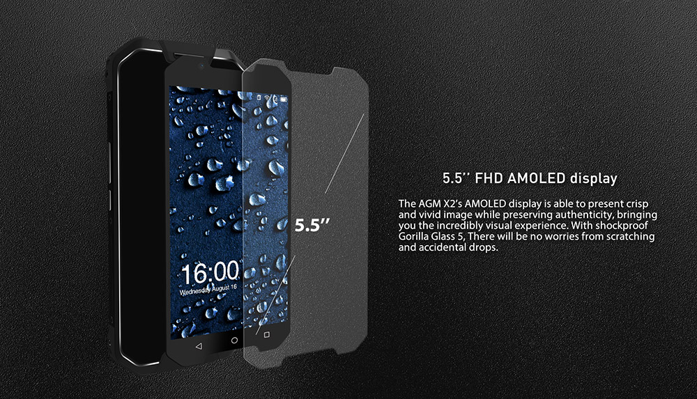 AGM X2 5.5 Inch IP68 Waterproof 4G LTE Smartphone 6GB 64GB Qualcomm Snapdragon 653 Octa Core Android 7.1 Four Cameras Touch ID - Black