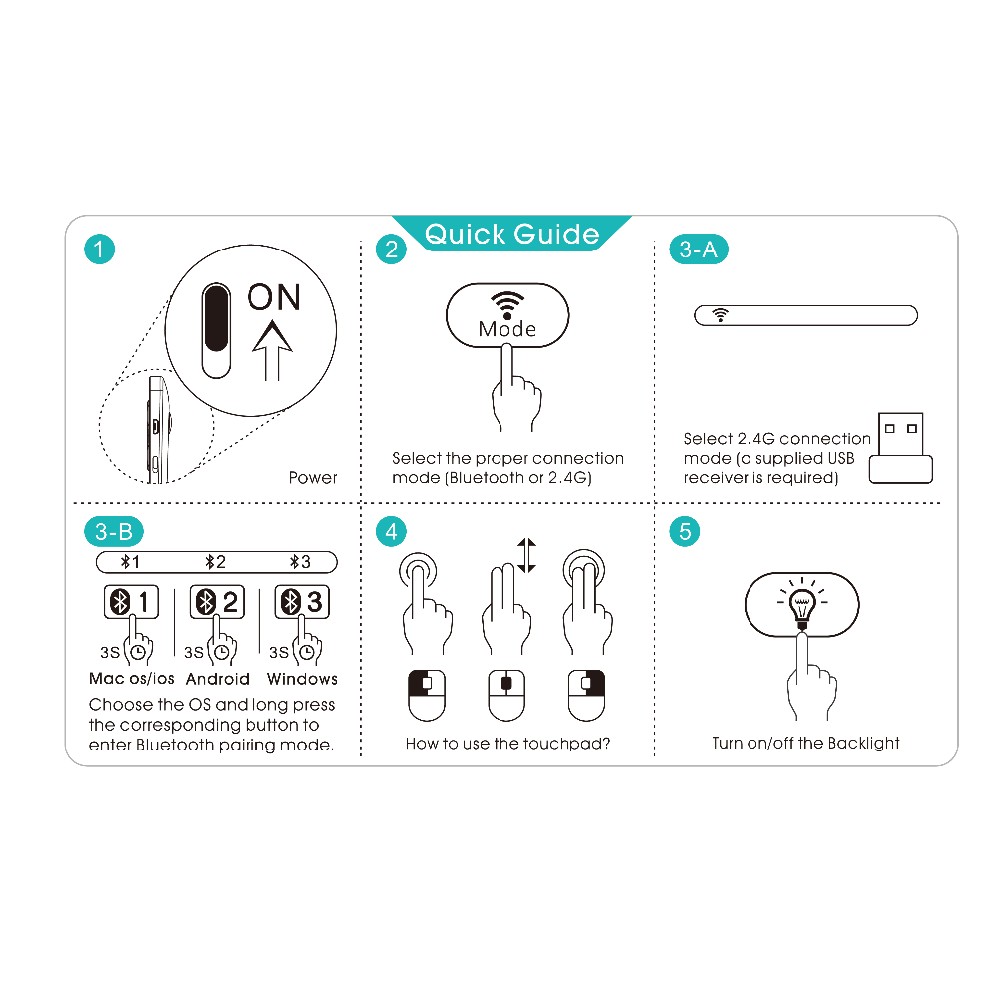 Rii RT503 Multimedia 2.4GHz Wireless / Bluetooth 3.0 Dual Modes QWERTY Keyboard with Touchpad Backlit Function - Black
