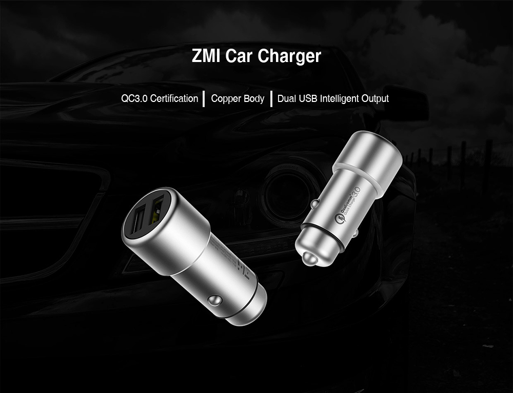 Xiaomi ZMI QC3.0 USB Car Charger 2.4A Fast Charge Dual USB Interface -Silver