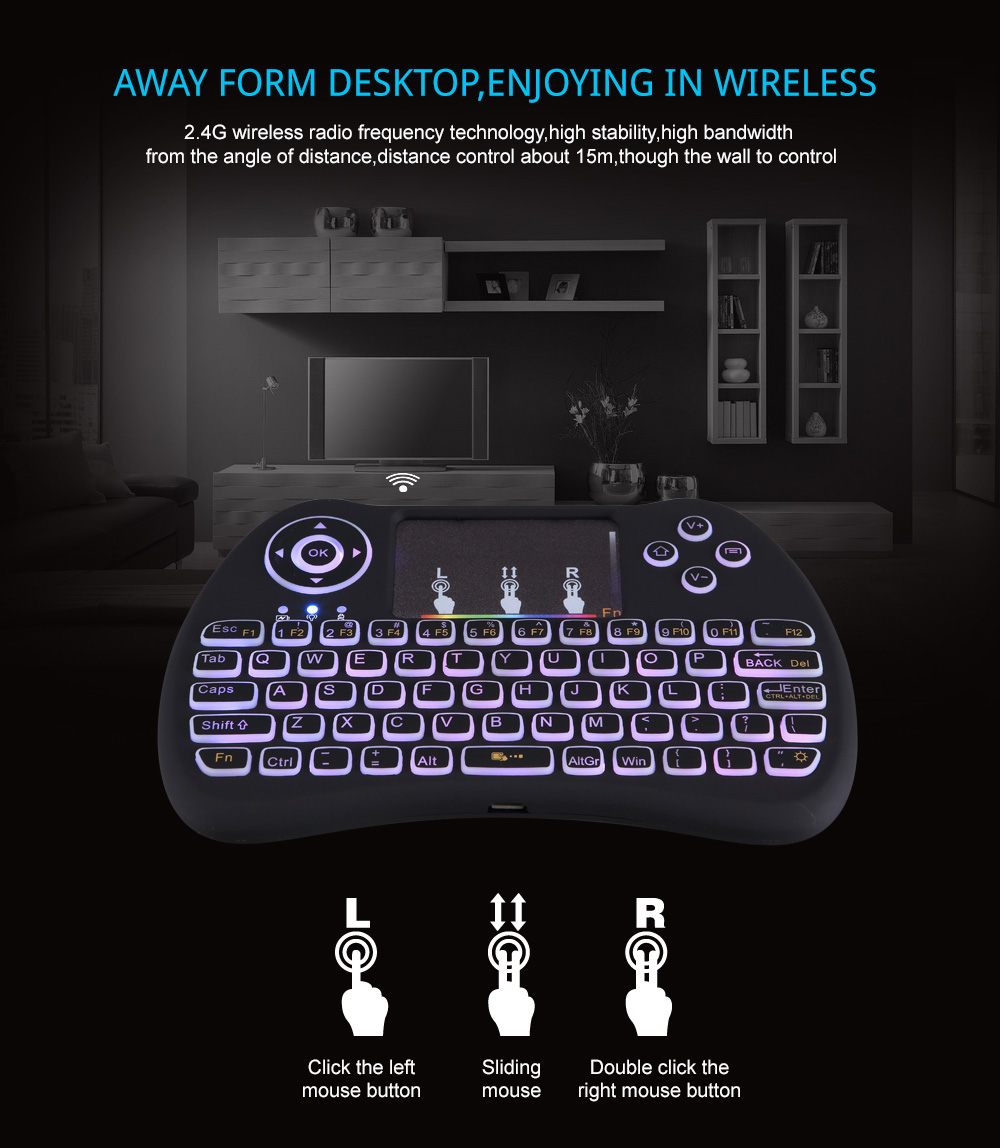 H9 Mini 2.4G Wireless Backlight Keyboard Mouse Combo with Touchpad Over 180000 Backlit Colors Available Brightness Adjustable for TV Box PS3 Xbox 360 Smart TV