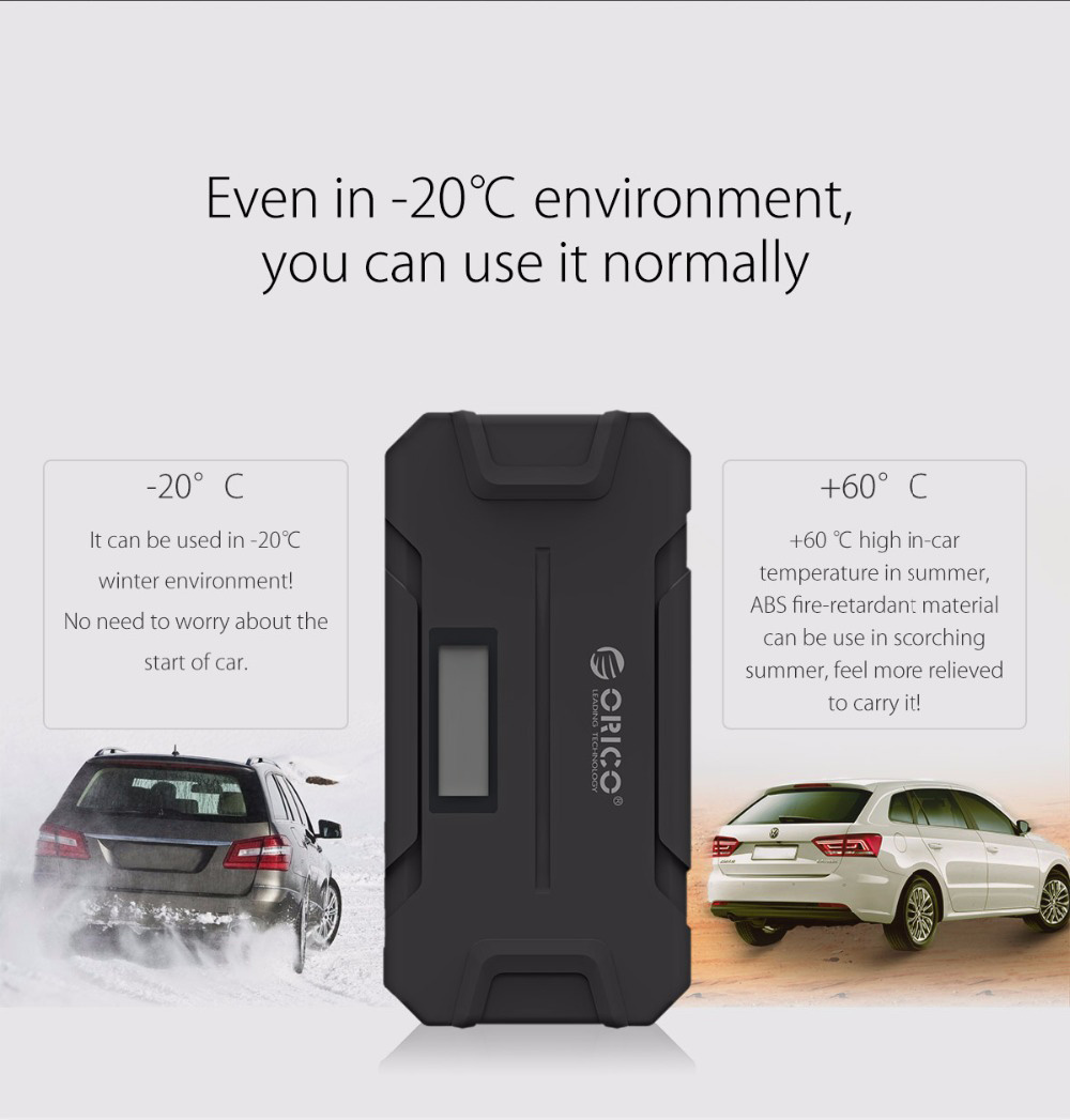 ORICO CS2 12000mAh Car Jump Starter Emergency Lighting For Diesel Gas Car Motorbike Phone Power Bank USB Charging With LED Indicator Lights - Black