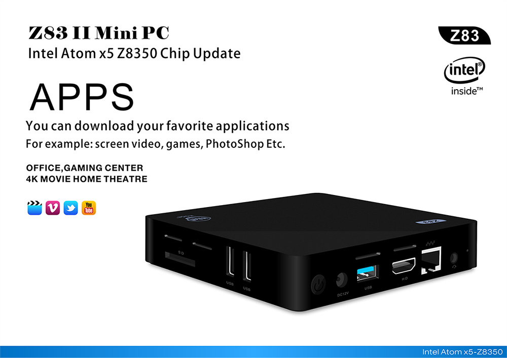 Z83II Windows 10 64Bit Intel Atom X5 Z8350 4K MINI PC 2GB/32GB 2.4G/5.8G WIFI Gigabit LAN Bluetooth HDMI USB3.0