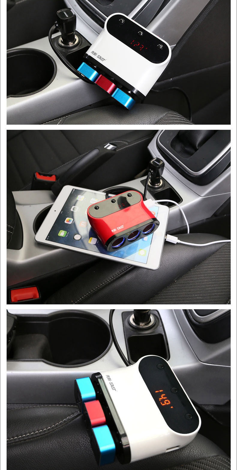 SAST T12 5-in-1 Car Charger 3 Cigarette Lighter Slots Dual USB Ports Multi-function Car Phone Charger with LED Voltage Monitoring - White