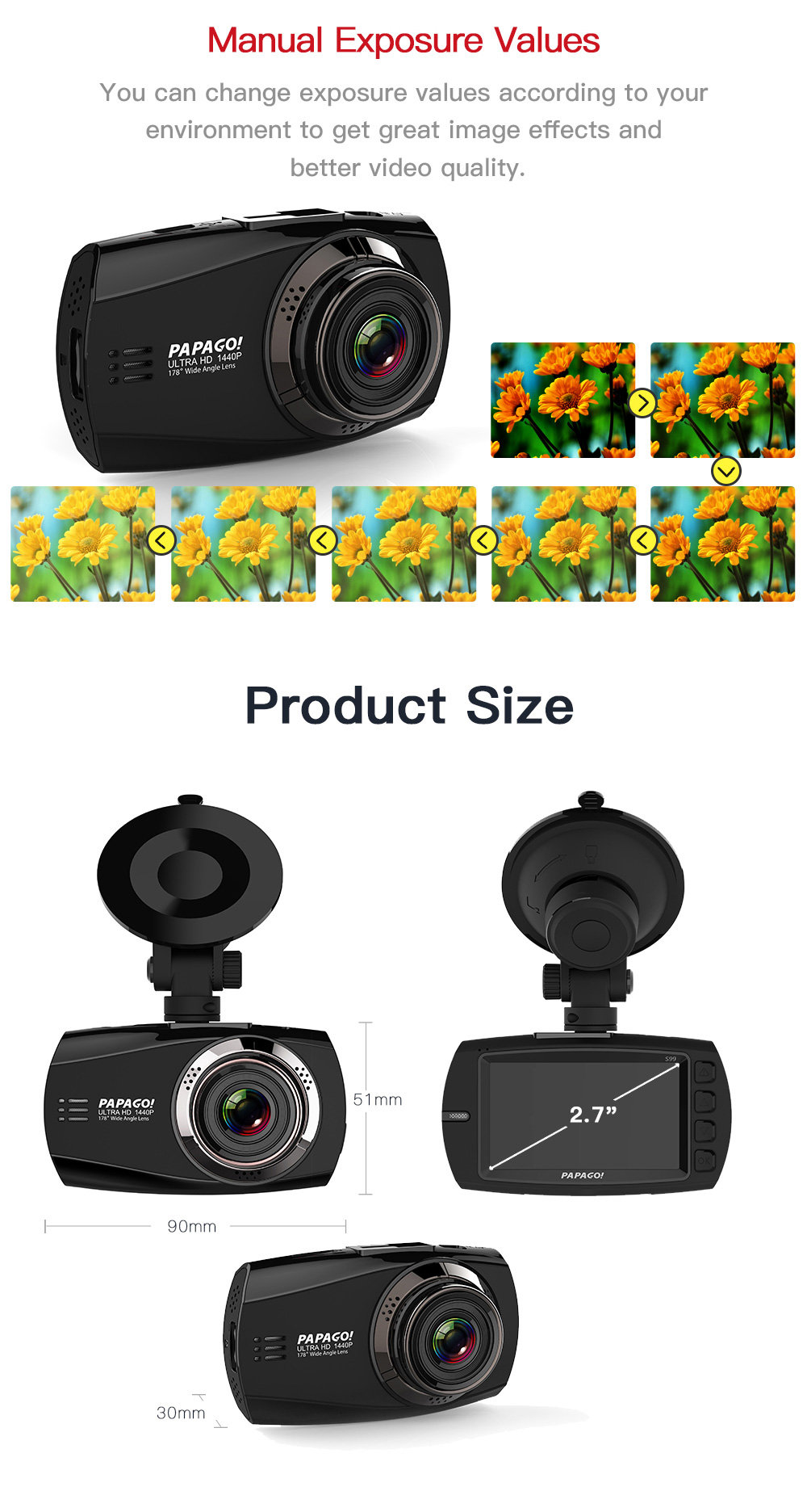 PAPAGO S99 1440P 2.7 inch Car DVR Dash Cam PPG8031 Video Recorder 178 Degree Angle Lens with WD - Black