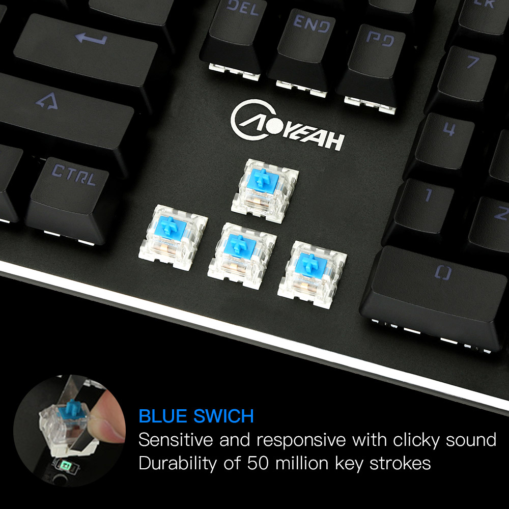 AOYECH K100 104key Wired Gaming Mechanical Keyboard Blue Switch LED Backlit - RED