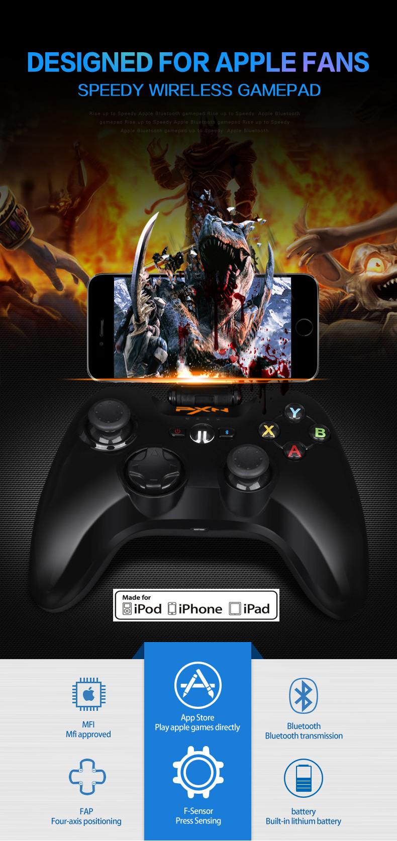 PXN-6603 Wireless Bluetooth Game Controller MFi Certified Speedy Gamepad Vibration Handle - Black