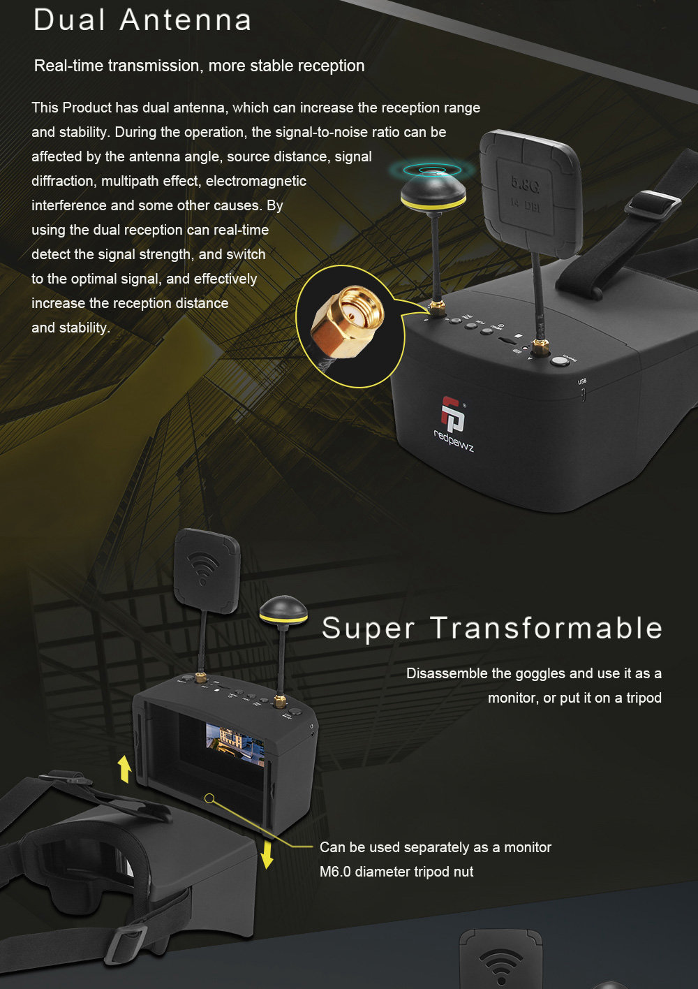 Redpawz EV800 Pro 5.8G 40CH Diversity FPV Goggles 5 Inch 854 X 480 Video Headset with DVR - Black