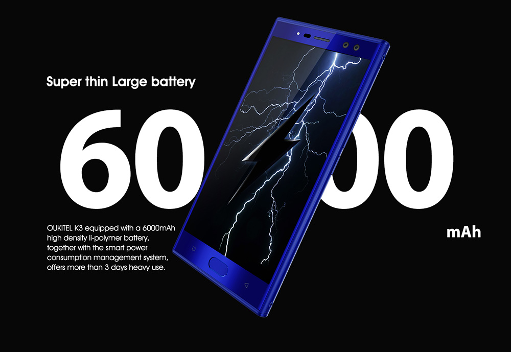OUKITEL K3 5.5 Inch 4G LTE Smartphone 6000mAh Battery 4GB RAM 64GB ROM 16MP MT6750T Octa Core Android 7.0 Four Cameras Touch ID - Black