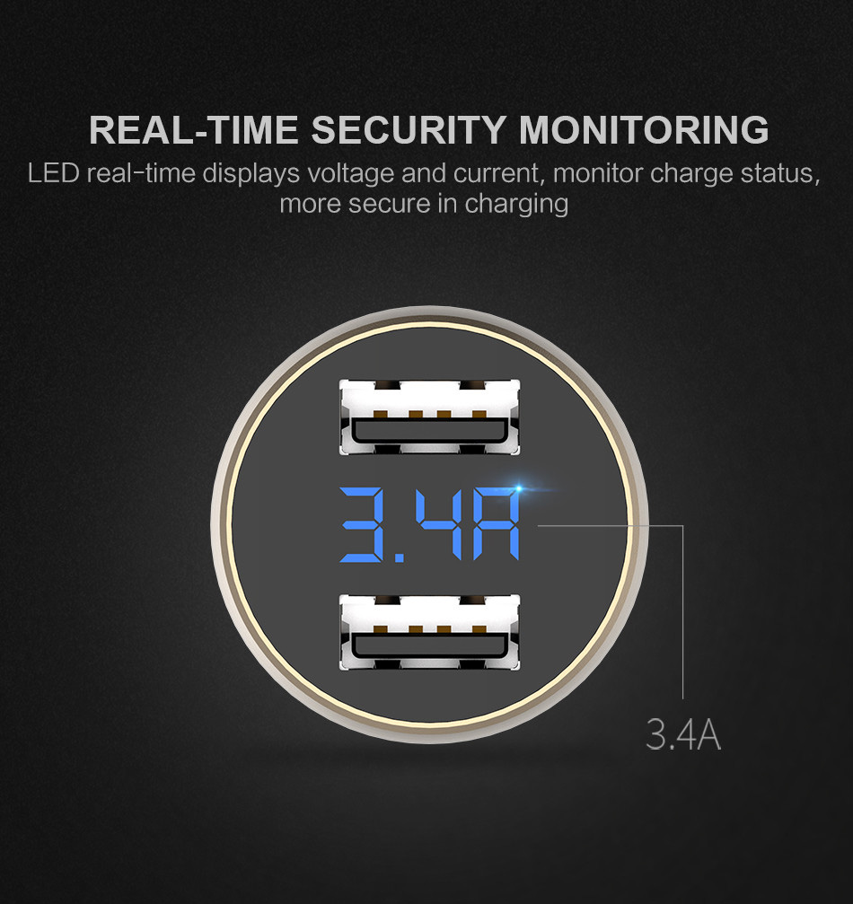 USAMS US-CC019 Dual USB Ports Smart Car Charger 5V 3.4A Fast Charge Wide Compatibility Multi-Protections with LCD Digital Display - Black