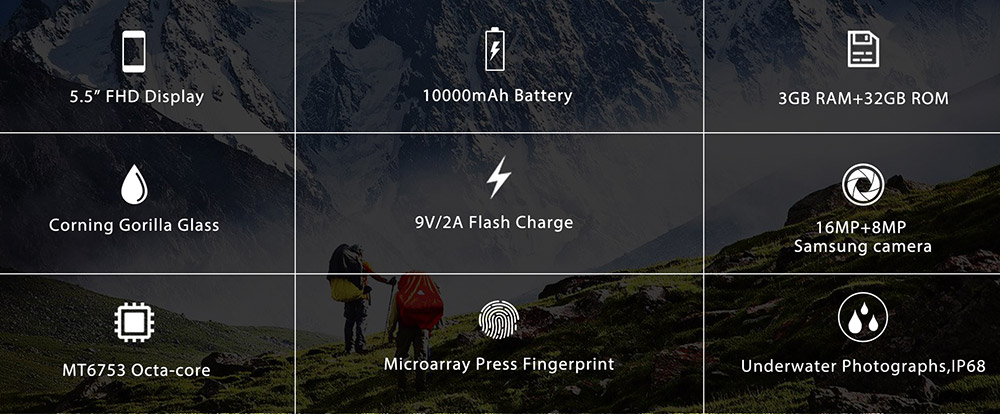 [HK Stock]OUKITEL K10000 MAX 5.5 Inch IP68 Waterproof Smartphone 10000mAh Corning Gorilla Glass FHD Screen 16.0MP Cam 3GB 32GB MT6753 Octa Core Android 7.0 Touch ID Type-C Fast Charge - Black