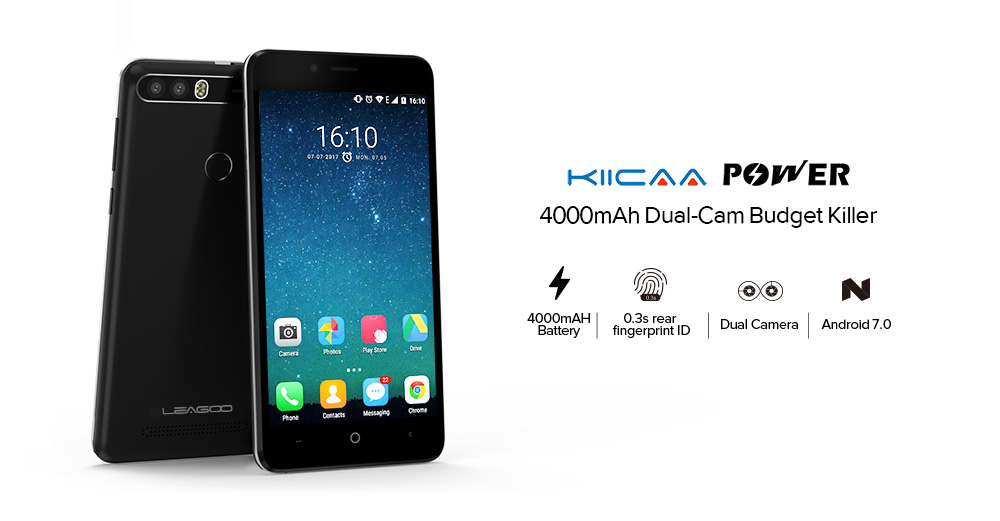 [HK Stock]LEAGOO KIICAA Power 5.0 Inch Smartphone Dual Rear Camera HD Screen MTK6580A 2GB 16GB Android 7.0 4000mAh Touch ID - Black