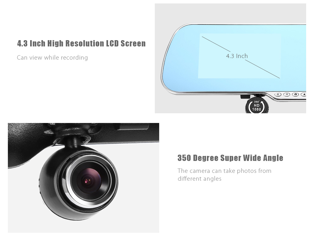 BLACKVIEW HS900A 4.3 Inch LCD Display 1080P FHD Car DVR Dashcam Video Recorder 350 Degree Wide Angle Lens with Rear View Camera - Blue+Black