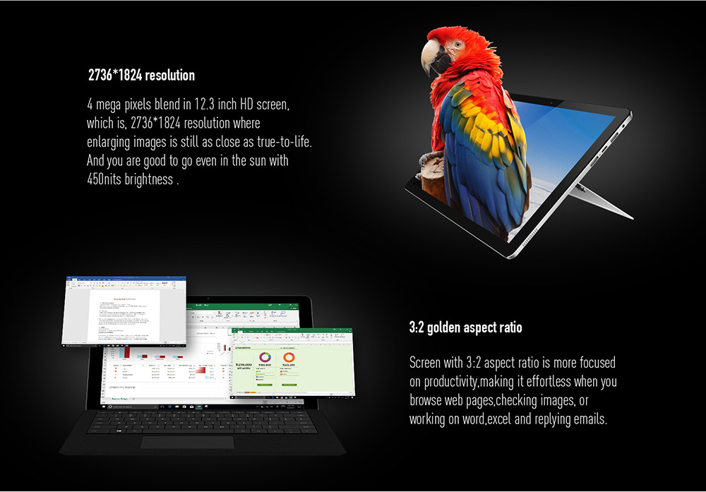 Chuwi SurBook 2in1 Tablet 12.3" 2K Display 6GB RAM 128GB ROM Apollo Lake N3450 Quad Core 2.2GHz Windows 10 OS Dual Camera Wifi - Silver