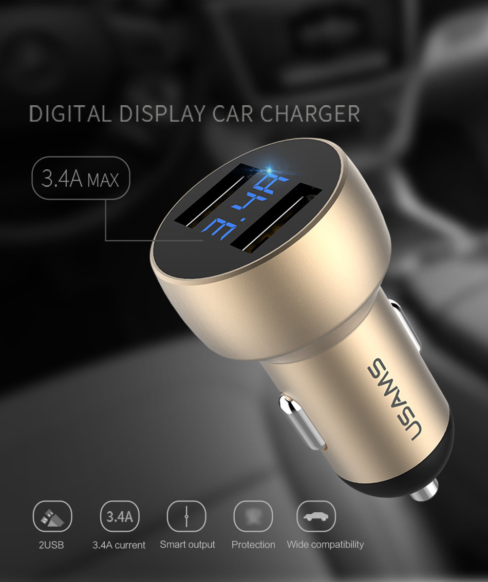 USAMS US-CC019 Dual USB Ports Smart Car Charger 5V 3.4A Fast Charge Wide Compatibility Multi-Protections with LCD Digital Display - Black