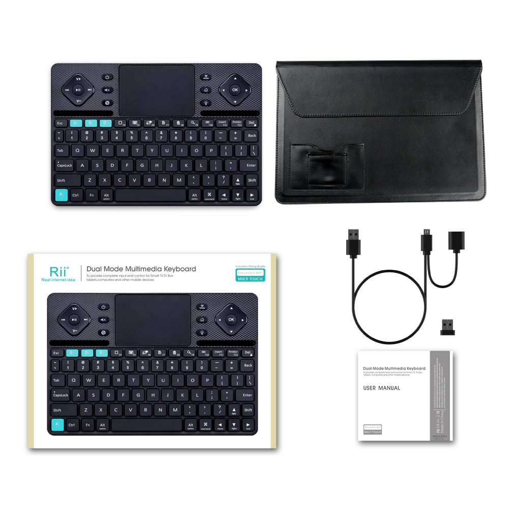 Rii RT503 Multimedia 2.4GHz Wireless / Bluetooth 3.0 Dual Modes QWERTY Keyboard with Touchpad Backlit Function - Black