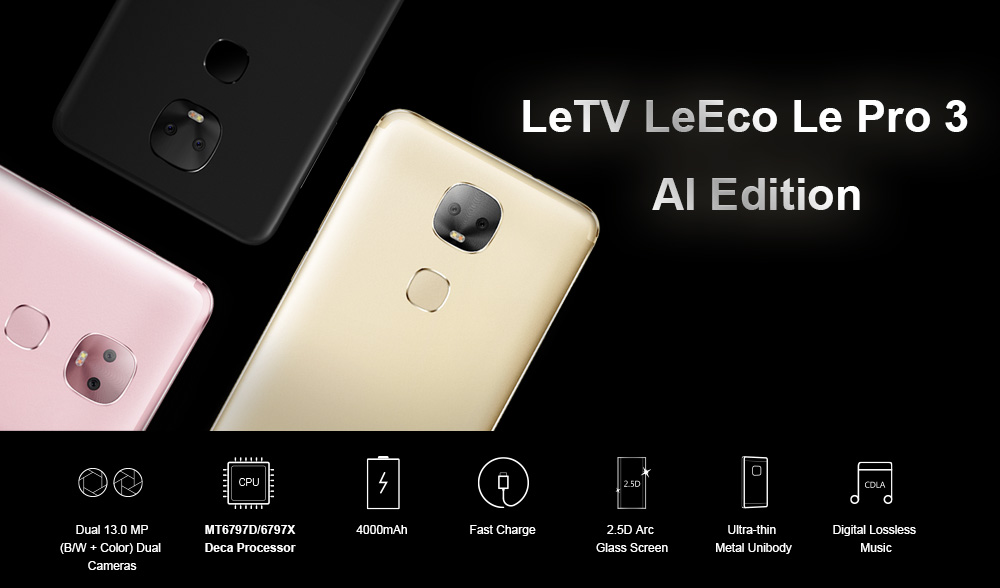 [HK Stock]LeTV LeEco Le Pro 3 AI Edition X651 13.0MP+13.0MP Dual Rear Camera 5.5 Inch 4G LTE Smartphone MT6797D Deca Core 4GB 32GB Android 6.0 Fast Charge 4000mAh - Black