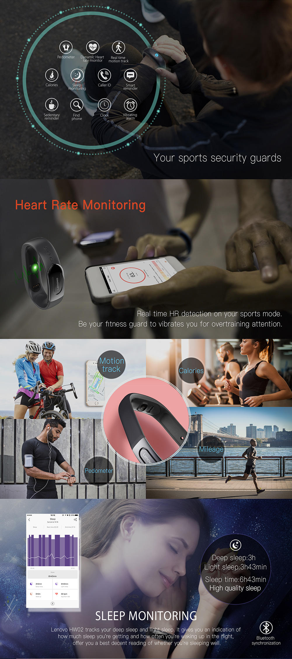 Lenovo HW02 Smart Wristband 3D G-Sensor Bluetooth 4.2 Heart Rate Moniter Pedometer Fitness Tracker Compatible with Android iOS - Blue