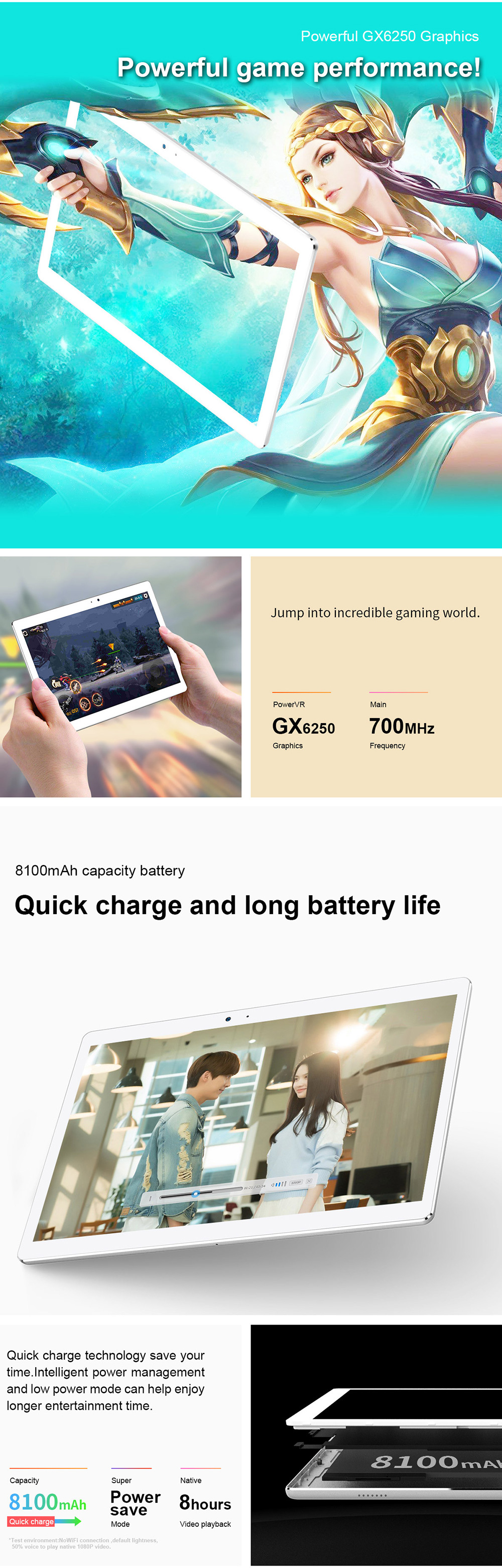 Teclast T10 10.1" Android 7.0 Tablet MediaTek MT8176 Hexa Core 2.1GHz 4GB RAM 64GB Touch ID Dual Camera Dual Band Wifi - Silver/White