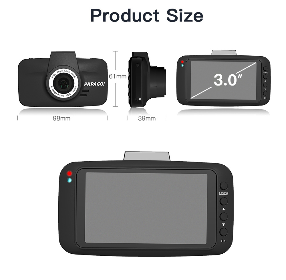 PAPAGO GoSafe 520 3.0'' LCD Screen Car DVR 1296P Dash Cam with 146 Degree Wide Angle Super Night Vision Parking Monitor - Black